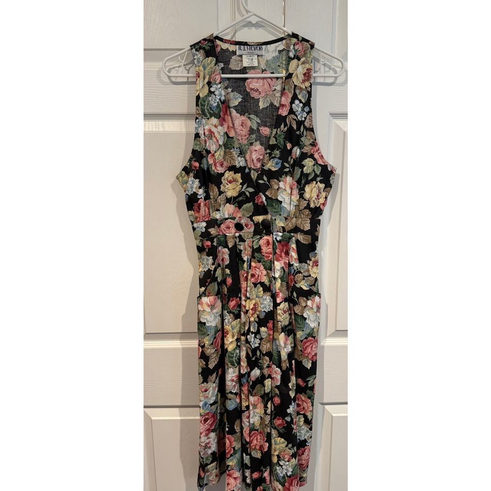 Vintage R.J. Stevens Petite Black Floral Sleeveless Cottage Midi Dress Jumper